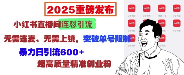 2025重磅发布：小红书直播间连怼引流，无需连麦、无需上镜，突破单号限制，暴力日引流600+