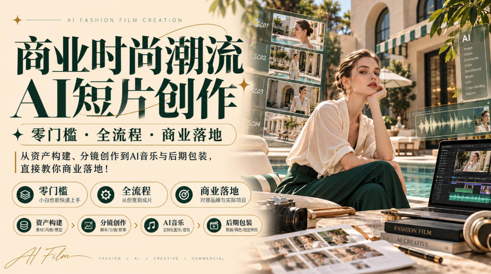 商业时尚潮流AI短片创作｜零门槛全流程商业落地，从资产构建、分镜创作到AI音乐与后期包装，直接教你商业落地！