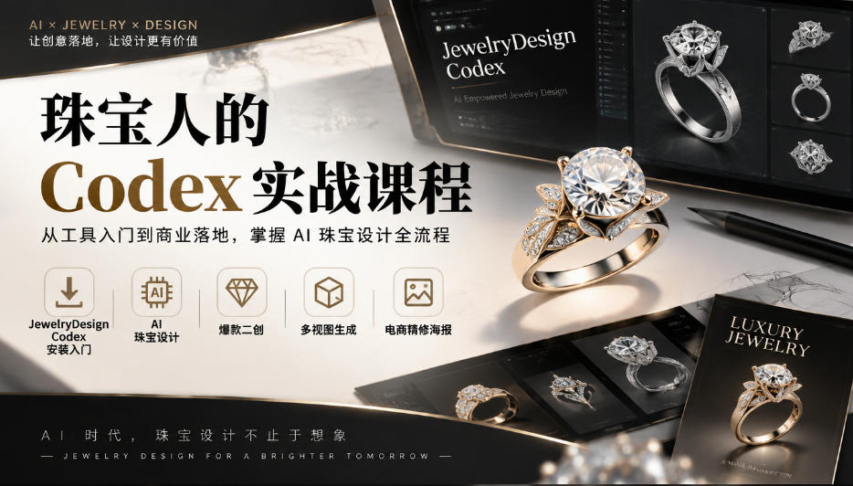 珠宝人的Codex实战课程｜JewelryDesign Codex安装入门、AI珠宝设计、爆款二创、多视图生成、电商精修海报全链路教学