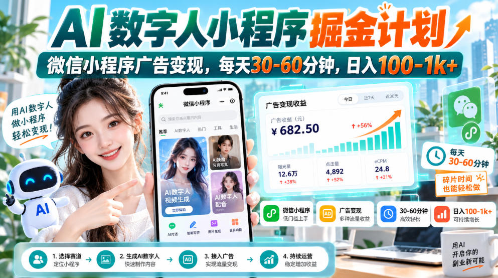 【无水印】AI数字人小程序掘金计划，微信小程序广告变现，每天30-60分钟，日入100-1k+